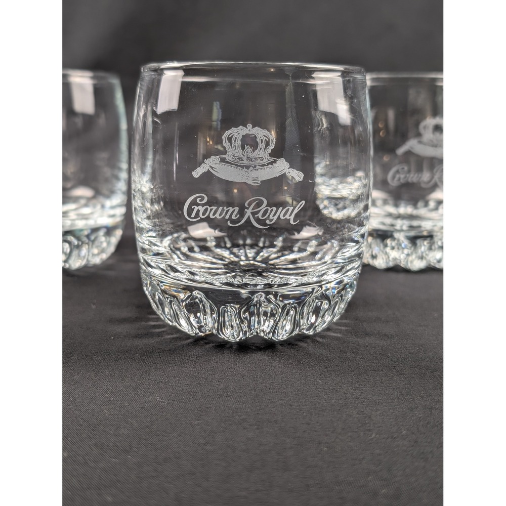 Crown Royal Whiskey Rocks Glasses Set of 4 Etched Logo Lowball Tumblers Clear